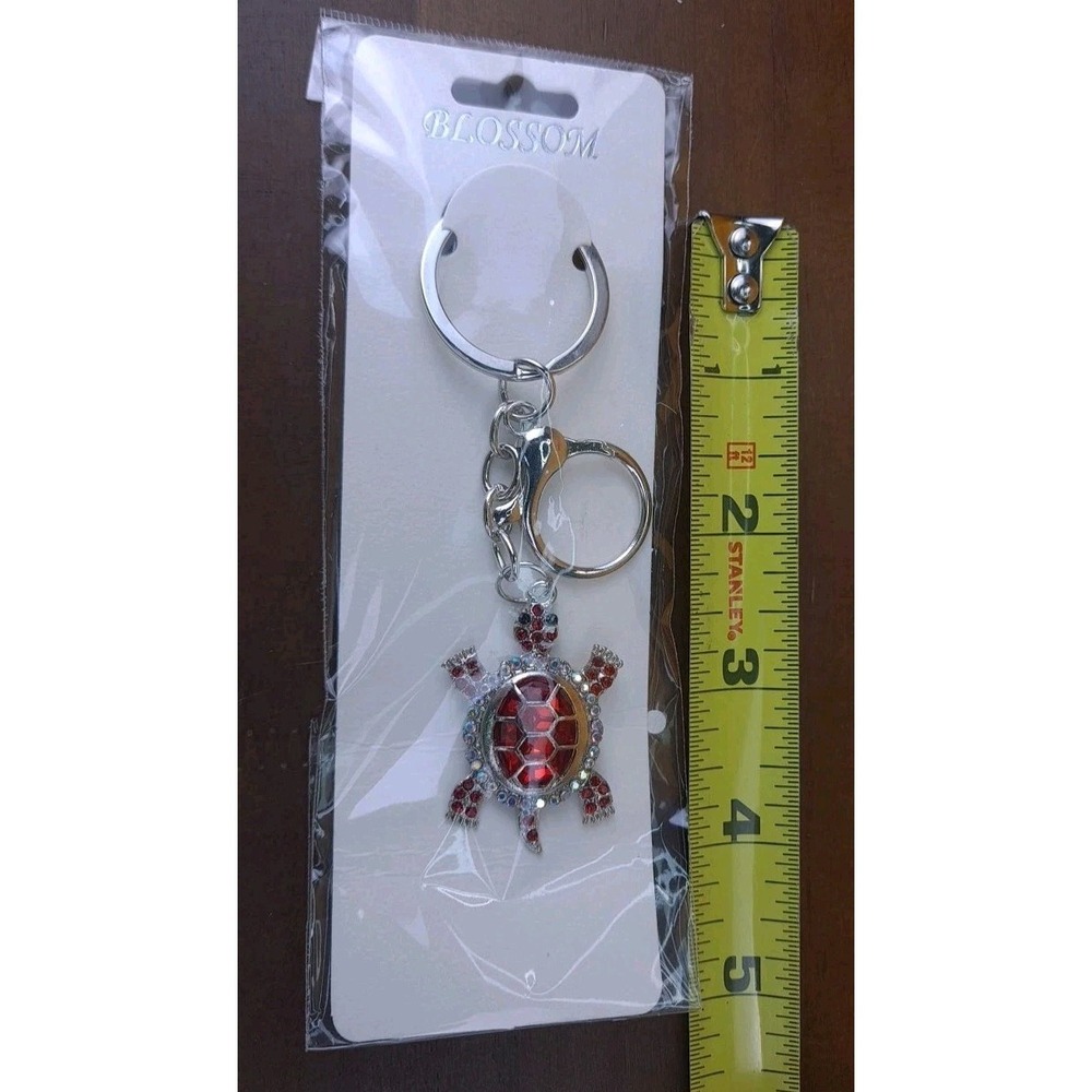 Turtle Red Rhinestone Crystal Silver Tone Keychain Backpack Purse Clip - Picture 4 of 6